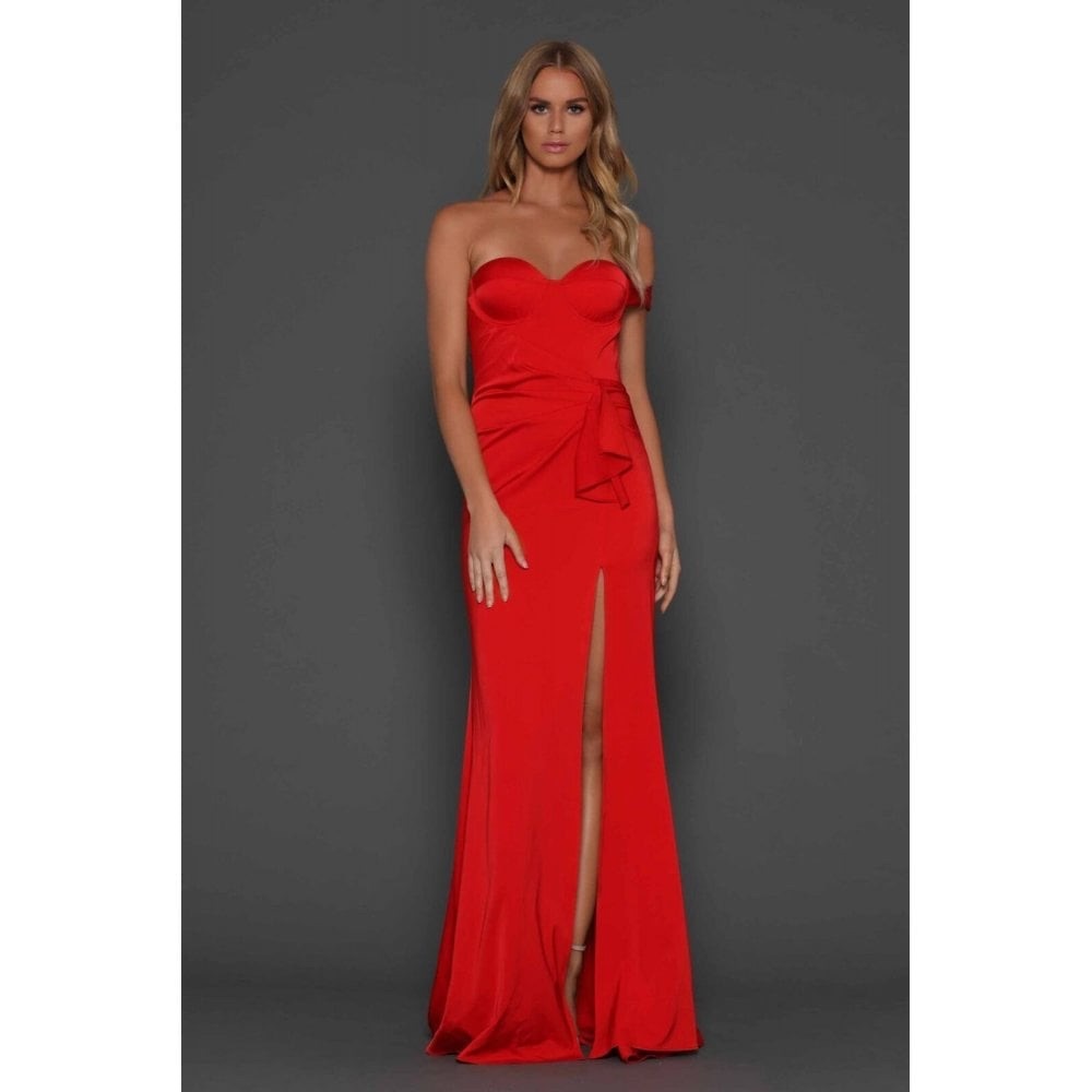 ELLE ZEITOUNE red satin gown thigh high slit
